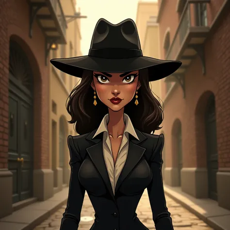 create a cartoon image of mafia woman character, wearing black hat, in sepia color environment   