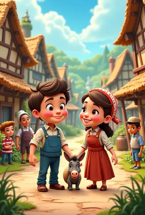 Cartoon image of farmer and his wife .There is a donkey having carrying a bag of sugar. There are other villagers in the pic . 