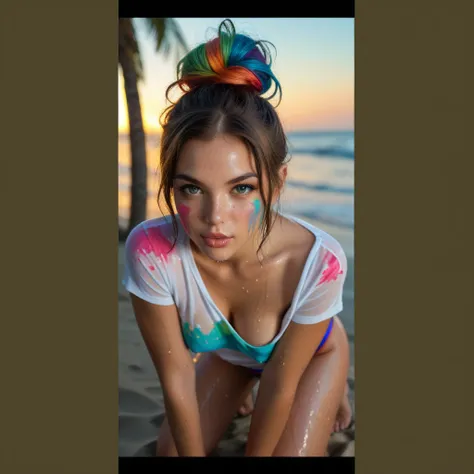 gorgeous woman, paint splatter, vibrant colours, rainbow colours, full body, gorgeous face, short rainbow hair, body paint, 23 year oldmasterpiece,best quality, highly detailed, score_9, score_8_up, score_7_up, score_6_up, score_5_up, score_4_up, Expressiv...