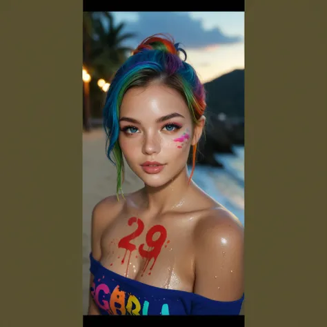 gorgeous woman, paint splatter, vibrant colours, rainbow colours, full body, gorgeous face, short rainbow hair, body paint, 23 year oldmasterpiece,best quality, highly detailed, score_9, score_8_up, score_7_up, score_6_up, score_5_up, score_4_up, Expressiv...