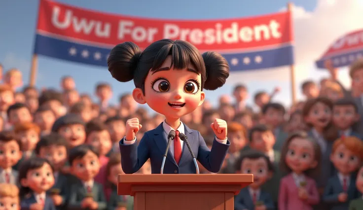 The style is 3D pixar animation with a Vibrant color palette, in 3 D pixar animation image of a girl, cute and adorable with her hair into two buns on top and bangs, clenching 1 fist up, wearing a neat womens suit, campaign podium, microphone, people gathe...