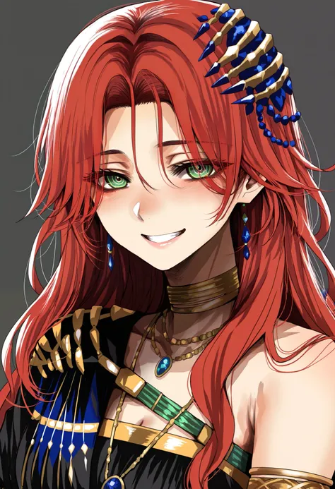 (Hoshi San 3:0.9), 1girl, sophia(manus vindictae)(reverse:1999), long hair, red hair, green eyes, (ringed eyes), black dress, armlet, blue gemstone jewelry, gold choker, jewelry, portrait, smile, grin, looking at viewer, grey background, masterpiece, best ...
