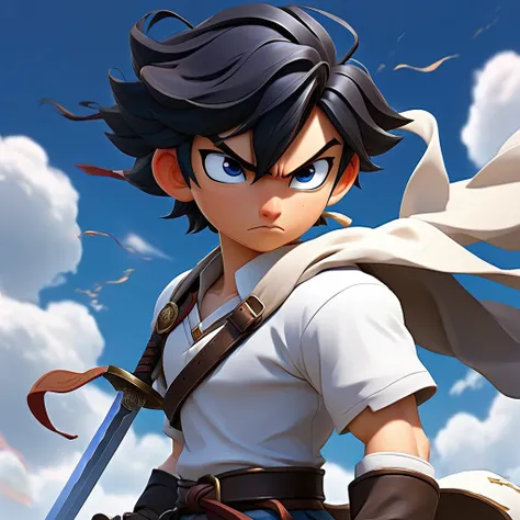  Create a 2D male character with an anime art style .  The character must be 25 years old , be tall and muscular ,  With black hair and blue eyes.  Must wear a white shirt and black pants ,  with a leather belt and a pair of combat boots .  The characters ...