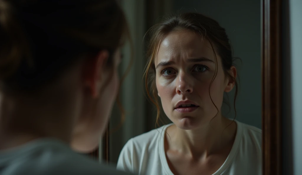 A close-up of Sarah’s face, showing her fear as she stares at the clean, spotless mirror in the living room, her reflection distorted.