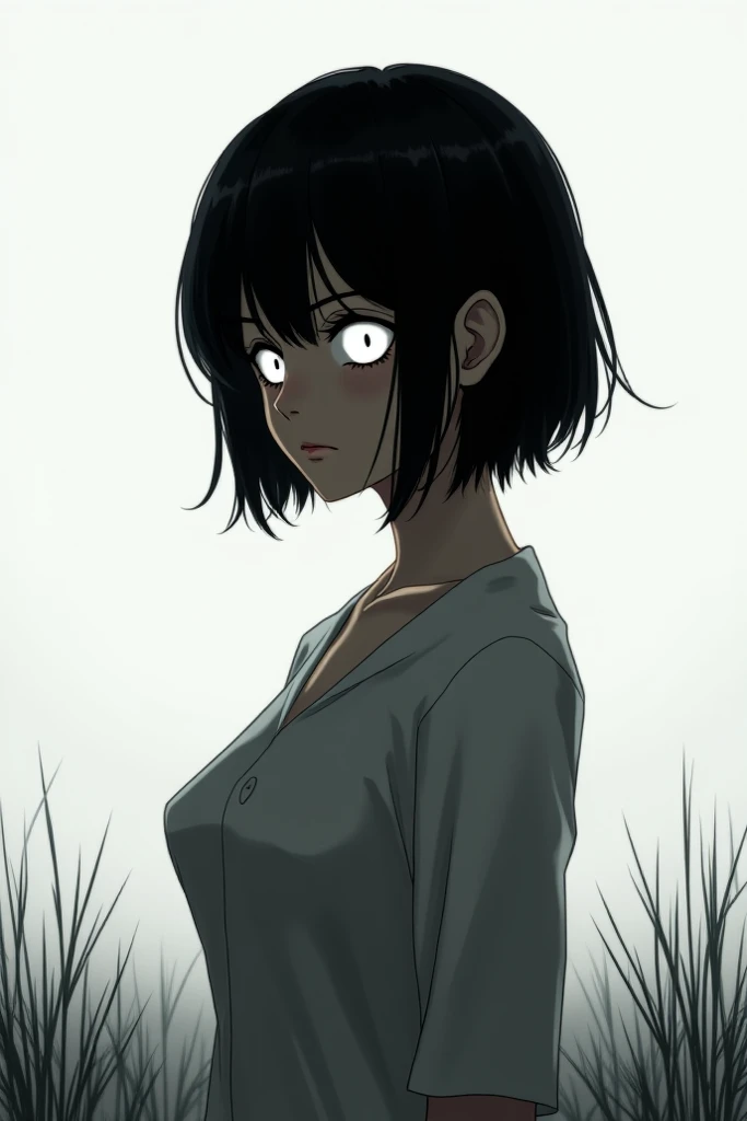 1girl,Alone, breasts,  black hair,  fringe between the eyes,  black hair,  short hair, Rice,  white eyes, shy, foreground, 