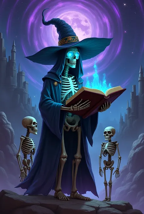 The skeleton Lich stands tall against the backdrop of a vast dark magical space with swirling purple and blue patterns, islands floating in the void, ancient towers and magic crystals. Hes a magician. Tiny blue magical lights burn in the empty eye sockets ...