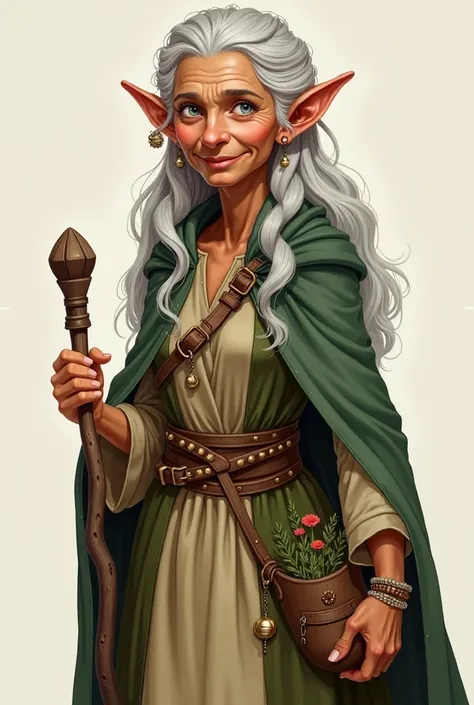 "A kind and elderly elf woman with bronze-colored skin and silver eyes, standing with a warm and gentle expression. Her face is marked by age, with deep wrinkles and a wise, approachable demeanor. She has long, silver-gray hair styled in two intricate brai...