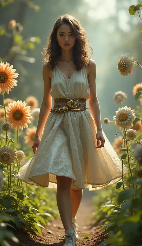 A girl wearing a futuristic hoop skirt of shimmering metal walks through a garden of mechanical flowers. Each step activates a tune from the flower’s gears, creating a symphony of technology and nature. retrofuturism