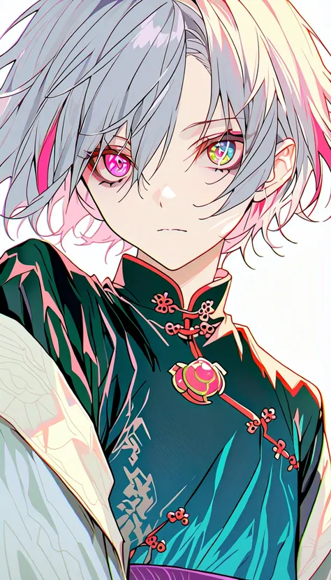 One boy, masterpiece,  top quality , Beautiful Boy,  are expressionless, Vertical pupils,  rainbow heterochromia, Machine Eyes,  blue and white bicolor hair,  Layered Cut , Short Hair,  Chinese clothes, Zombie Makeup, gemのツノ, gem