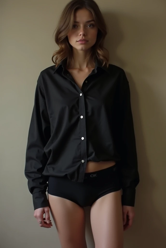 Her petite frame clad in one of his black button-up shirts. The shirt was far too large for her, the sleeves falling past her wrists and the hem reaching down to her knees, almost resembling a short dress on her petite figure. His boxers hung loosely on he...