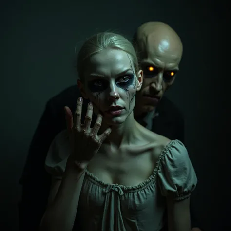 A dark and surreal horror scene featuring two figures in an unsettling pose. The primary figure is a pale, emotionless woman with hollow, shadowed eyes and cracked, ashen skin. Her expression is hauntingly vacant, and her face is partially obscured by her ...