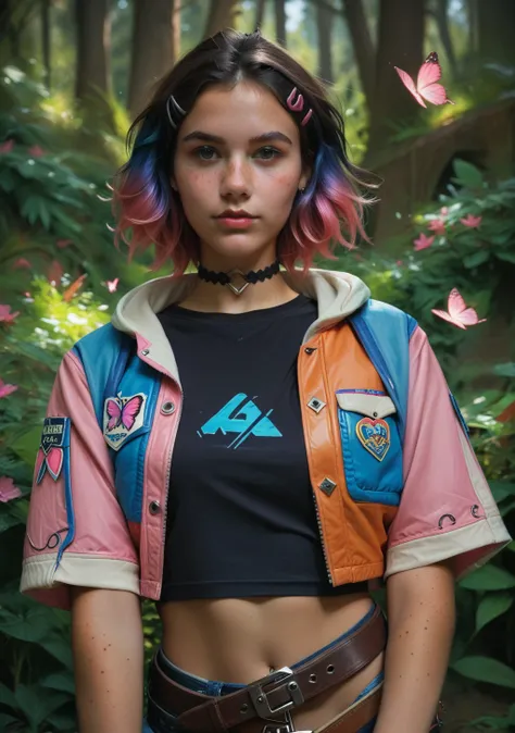 score_9, score_8_up, score_7_up, source_realistic, photograph, photorealistic, hyper-realistic, 8k, textured skin 1 girl, freckles, alone, looking at viewer, short hair, two-tone hair, eye pencil, choker, jewelry, barrette, jacket, black shirt, belt, bermu...