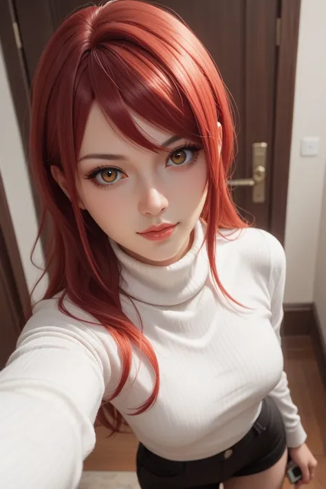 
Mitsuru Kirijo, red hair, red-brown eyes, white turtleneck, high quality, masterpiece, from above, selfie, home