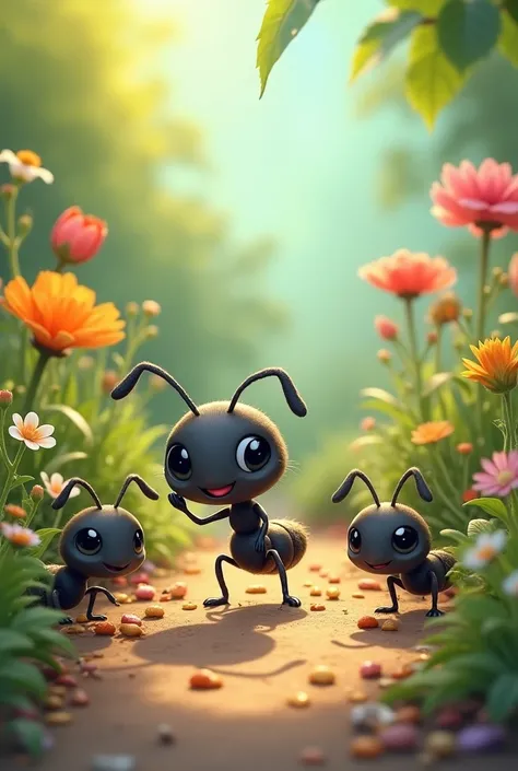 Cute cartoon black ants looking for scraps of small food in pretty garden