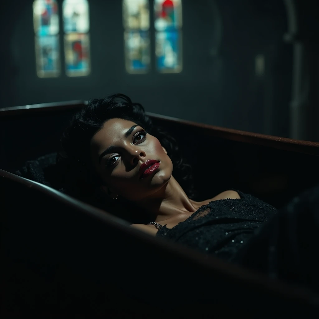 Halle Berry in a coffin,beautiful detailed eyes,beautiful detailed lips,extremely detailed eyes and face,longeyelashes,dramatic lighting,moody atmosphere,surreal,dark fantasy,chiaroscuro,high contrast,dramatic shadows,cinematic composition,church interior,...