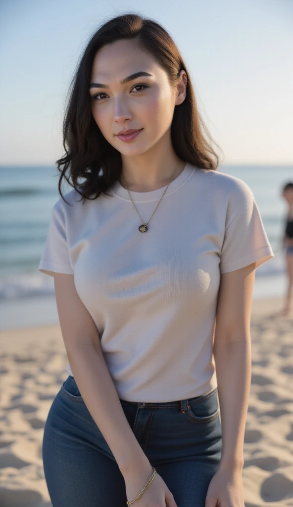 (8k, RAW Photo, Best Quality, Masterpiece:1.3),(Real,Photo:1.37),(Looking at Viewers:1.331),(Black Hair),Pose,Beachfront,Morning View,Sunrise,Clear Sky,1Girl,Very Beautiful Face,Small,Put Your Hands Down,Pony Hairstyle,Weight Hair,Fluffy Hair,Shoulder Leng...