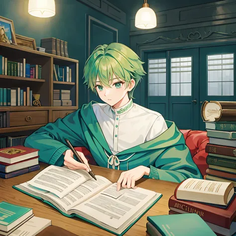 The short-haired wizard man with green hair is sleepy studying surrounded by books on his bed