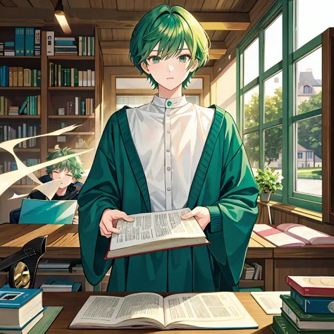 The short-haired wizard man with green hair is sleepy studying surrounded by books on his bed