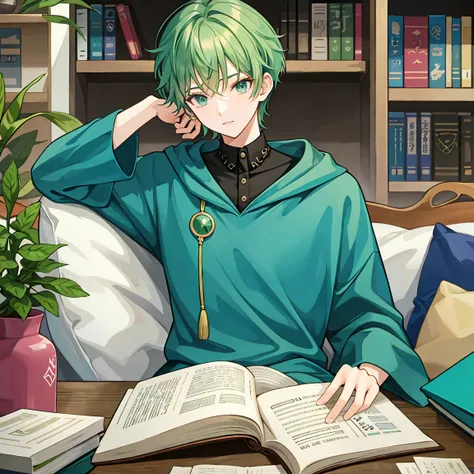 The short-haired wizard man with green hair is sleepy studying surrounded by books on his bed