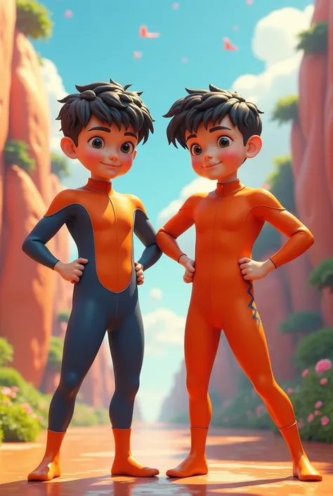 Boys who are elementary school twins in orange zentai and navy blue zentai