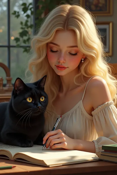 A pretty beautiful blonde girl, drawing holding a black fat cat