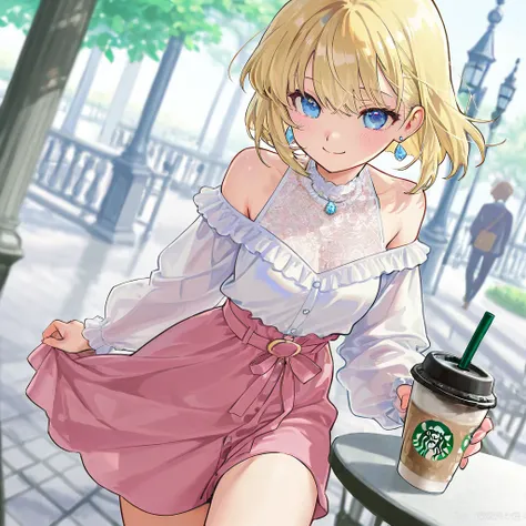 masterpiece、 High Quality 、最 High Quality 、 very detailed、 very detailed、 super real 、4K、8k、16k、Beautiful Parisienne with blond short bob drinking coffee in fancy fashion at Starbucks in Montmartre Park in Paris 、お洒落ファッションでコーヒーを飲む金髪ショートボブの美しいパリジェンヌ、 Delica...