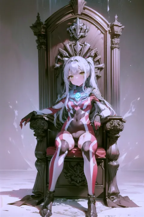 ((full body)),Highly detailed CG Unreal Engine 8K,  top quality , ( Detailed Fingers ,  detailed hands ,  detailed face ),   1 girl, silver hair，long hair， ponytail，yellow eyes， beautiful detailed girl looking back, (Ultra Girl ),  Ultramans bodysuit,Thumb...