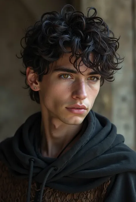 The young man has Caucasian skin, not older than 18 years. He has short, curly, wavy hair in a black gradient style. His eyes are light brown. The style of the image would be medieval fantasy RPG dark, like a DnD character artwork of a player character
