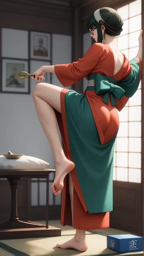 Daytime prairie scene、((((Yolfoger)))), Standing pose with the sole of the foot extended、kimono((( foot fetishes))), (( sexy pose taken from the butt)), (breasts,  8k, Stunning foot soles, Anime,  very detailed,  realistic, Dramatic lighting,  beautiful,  ...