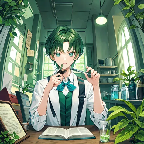 The green short-haired wizard man is observing medicinal herbs with a magnifying glass in an old laboratory