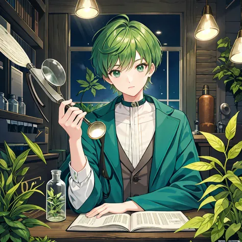 The green short-haired wizard man is observing medicinal herbs with a magnifying glass in an old laboratory