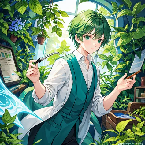 The green short-haired wizard man is observing medicinal herbs with a magnifying glass in an old laboratory