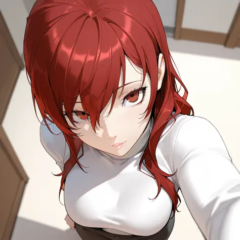 
1 girl, Mitsuru Kirijo from persona 3, red hair, red-brown eyes, white turtleneck, high quality, masterpiece, from above, selfie, home