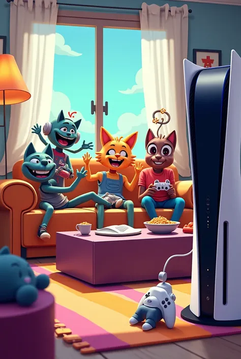 Cartoon characters playing PlayStation 5