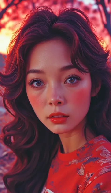  Close-up from waist to head :
 A beautiful young Korean woman .
 red hair , floor-length , Curls, Travel, fluttering.
 crystal blue eyes , incandescent.
 Full and voluminous lips in red color . 
makeup.
toys.
Casaco de moletom red com o logo da "coca-cola...