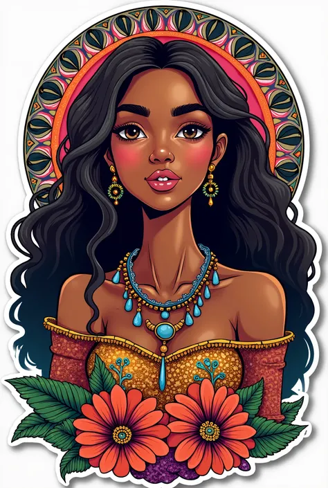 Create a sticker of a hippie brown skin girl 