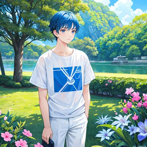  blue hair, Navy Hair,  short hair,  male student, prince, grassland, Clear skies