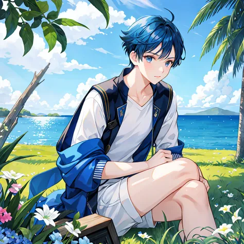  blue hair, Navy Hair,  short hair,  male student, prince, grassland, Clear skies