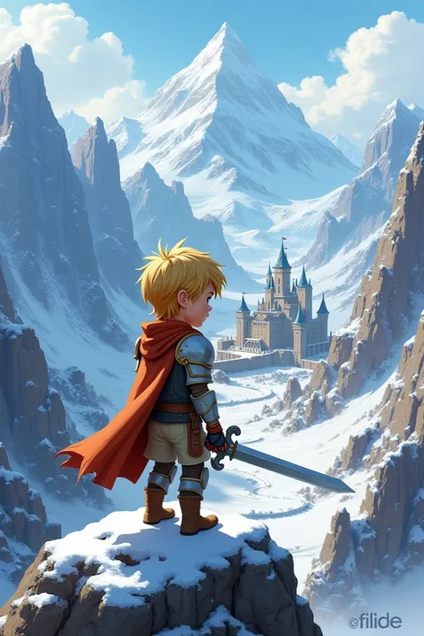  Create a realistic cartoon image of a blond boy ,  with white armor on just a few parts of his body ,  holding a sword, on top of the mountain looking at a kingdom ,  with giant, fulfilled walls and snowy on the horizon, no meio de um valley, Between two ...