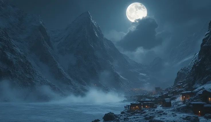 High snowy mountains, among which stands a colossal factory of dwarfs. Nearby, the mountains are full of gold ore, which is mined by hundreds of thousands of dwarves. ,large pipes and smoke from them. Night, bright moon. Snowstorm.