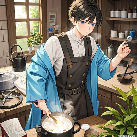 The short-haired wizard man is making medicine by boiling medicinal herbs in a pot