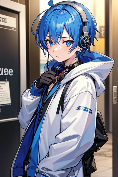 1boy, male_focus, piercing, headphones, blue_eyes, ear_piercing, solo, looking_at_viewer, blue_hair, short_hair, earrings, jewelry, headphones_around_neck, hood, long_sleeves, instrument_case, hoodie, blue_hair, heterochromia
