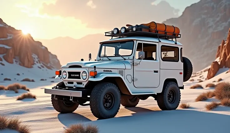 "Create a photorealistic 3D render of the Toyota Land Cruiser FJ40 in Coconut White, viewed from a full side angle against a captivating, dynamic background, such as a sweeping desert landscape or dramatic coastal cliffs. Focus on the vehicle’s iconic side...