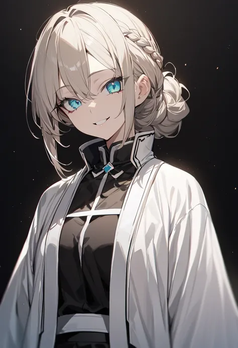 One girl, masterpiece,  top quality ,  beauty, smile, His eyes are not smiling, Zircons Eye,  white blonde ,  braids, Chignon,  demon Slayer uniform , black padded collar,  skirt , White Haori, Black background