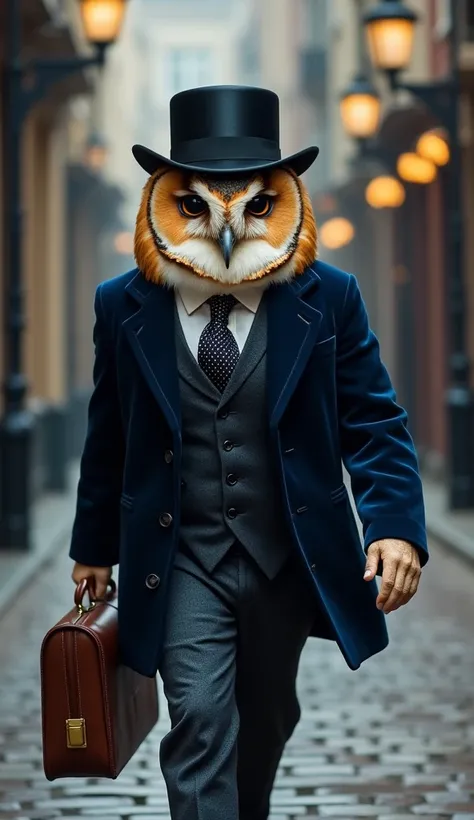 A regal barn owl with an intelligent gaze, wearing a midnight blue velvet suit and a matching fedora tilted slightly. His talons grip a leather briefcase, and his golden monocle gleams in the dim light. Walking confidently along a cobblestone street lined ...