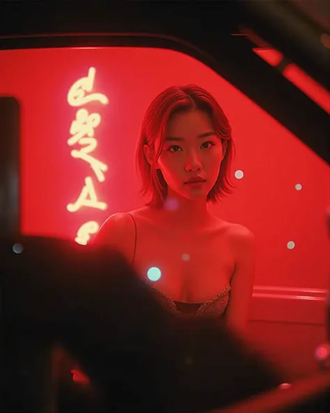 Cinematic photography of a tall skinny beautiful Korea sensual actress Bae Doona naked inside a car with a shadow of red neon sign on the glass window, Bae Doona realistic face, very beautiful thin face, perfect detailed eyes, very pointy nose, very skinny...