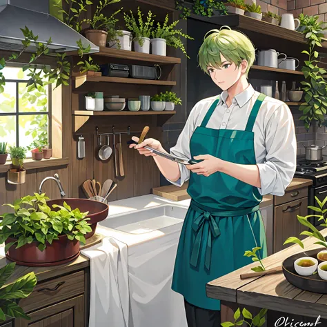 The green short-haired wizard man is cooking medicinal herbs in a large pot in an old kitchen