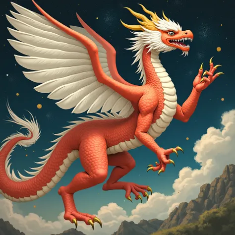   Tibetan Buddhist gods in the void of the universe Very dark skin tone ， There are big white wings on the back of the hand and a big white feather wings with a long rose red dragon body Normal slim and gentle tall female dragon creature with white phoenix...