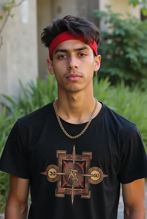  A young man with tanned skin .  He has short dark hair ,   and a pierced brow . He is wearing a black t-shirt with a design of the Harry Potter relics on the chest and a gold chain and a red guide, hair wrap . Ele parece estar  outdoor,  with a concrete b...