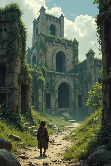 You are a historian, a fantasy painter, comic book artist but realistic, generate for me an image of a lost civilization, its buildings in ruins and covered with vegetation inhabited by grotesque beings